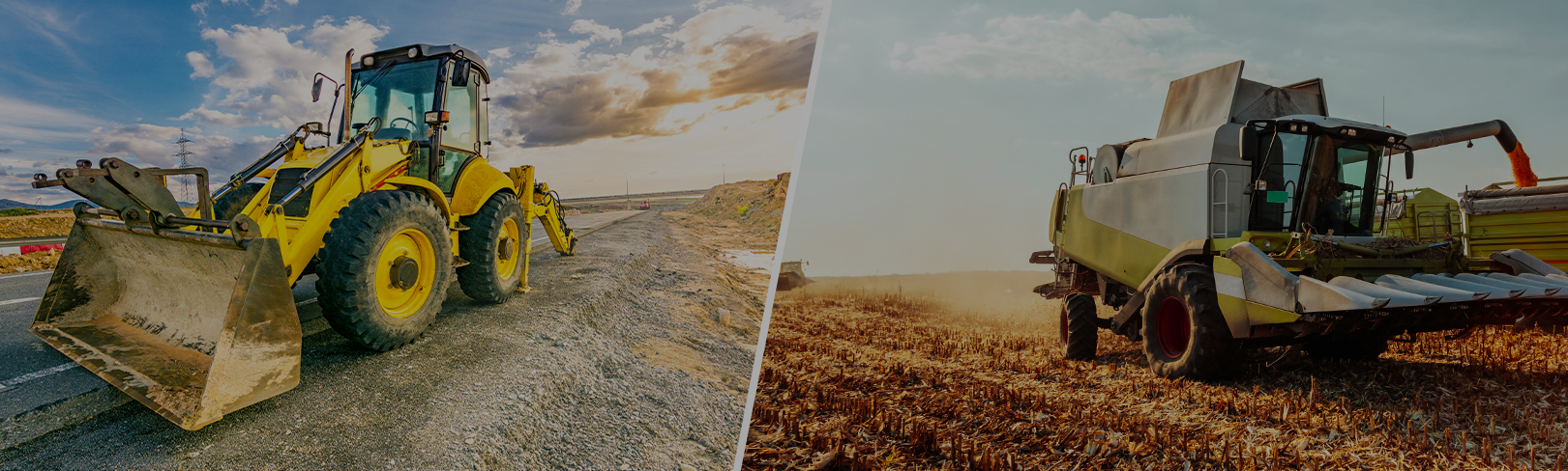 Yellow front-end loader and combine harvester in field — promoting diesel diagnostics, training, and repair tools from Peak 8 Solutions.