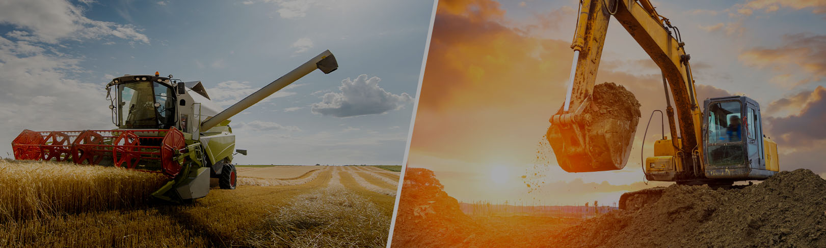 Homepage banner for Peak 8 Solutions featuring agricultural combine harvester and construction excavator with text: ‘Your Dedicated Partner in Heavy Equipment Maintenance’.